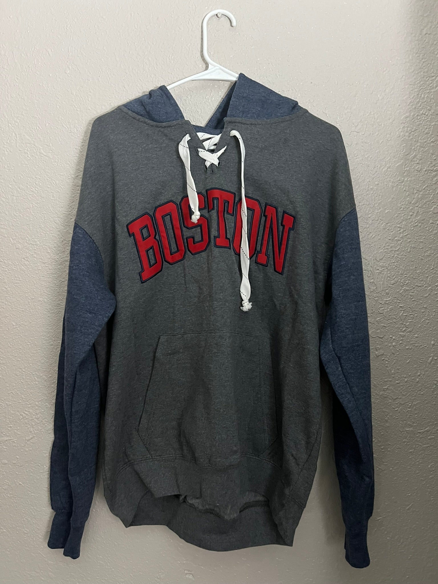 Boston Hoodie by Bay State Gear. Gray with blue sleeves and hood. Size M