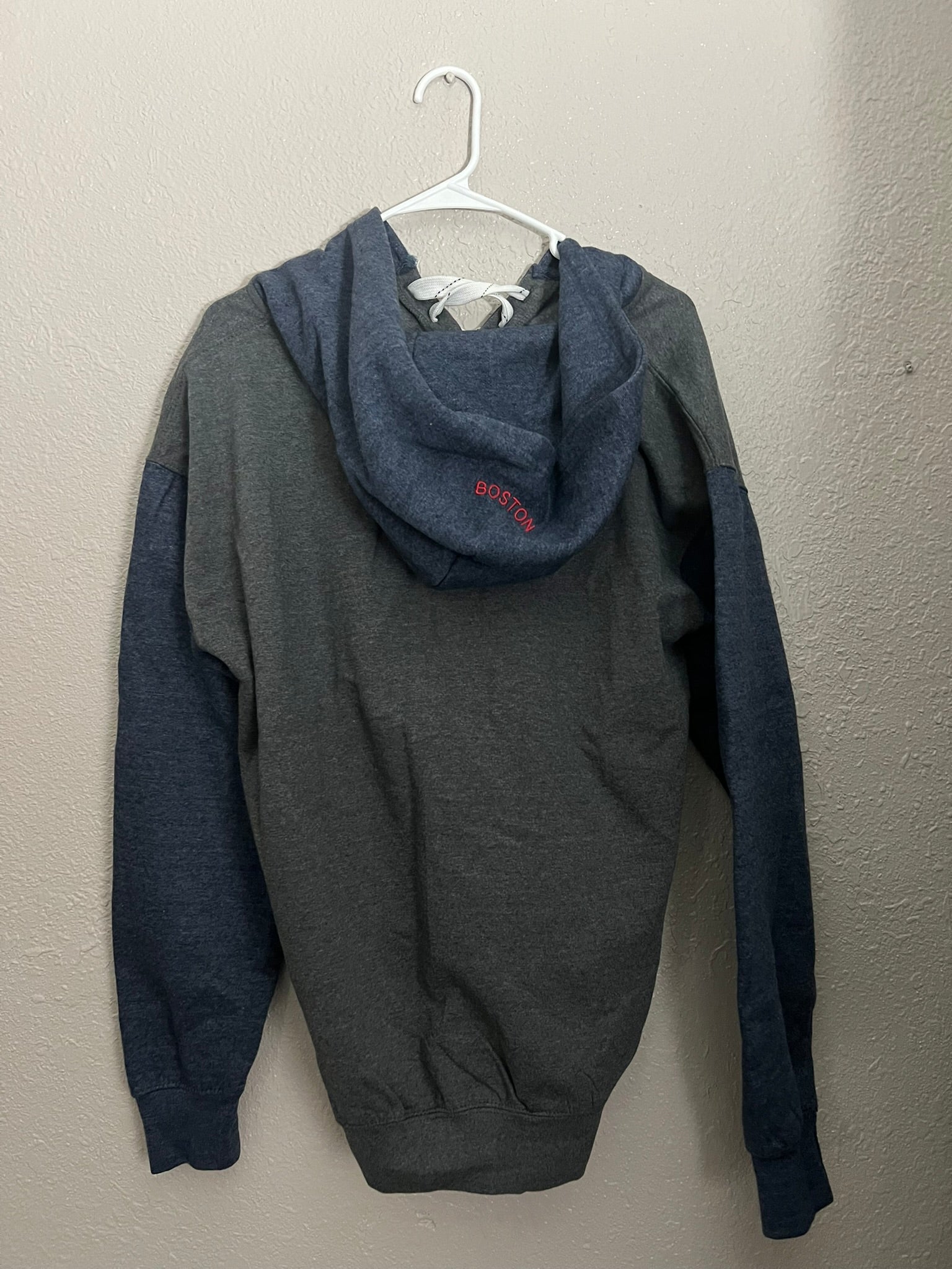 Boston Hoodie by Bay State Gear. Gray with blue sleeves and hood. Size M